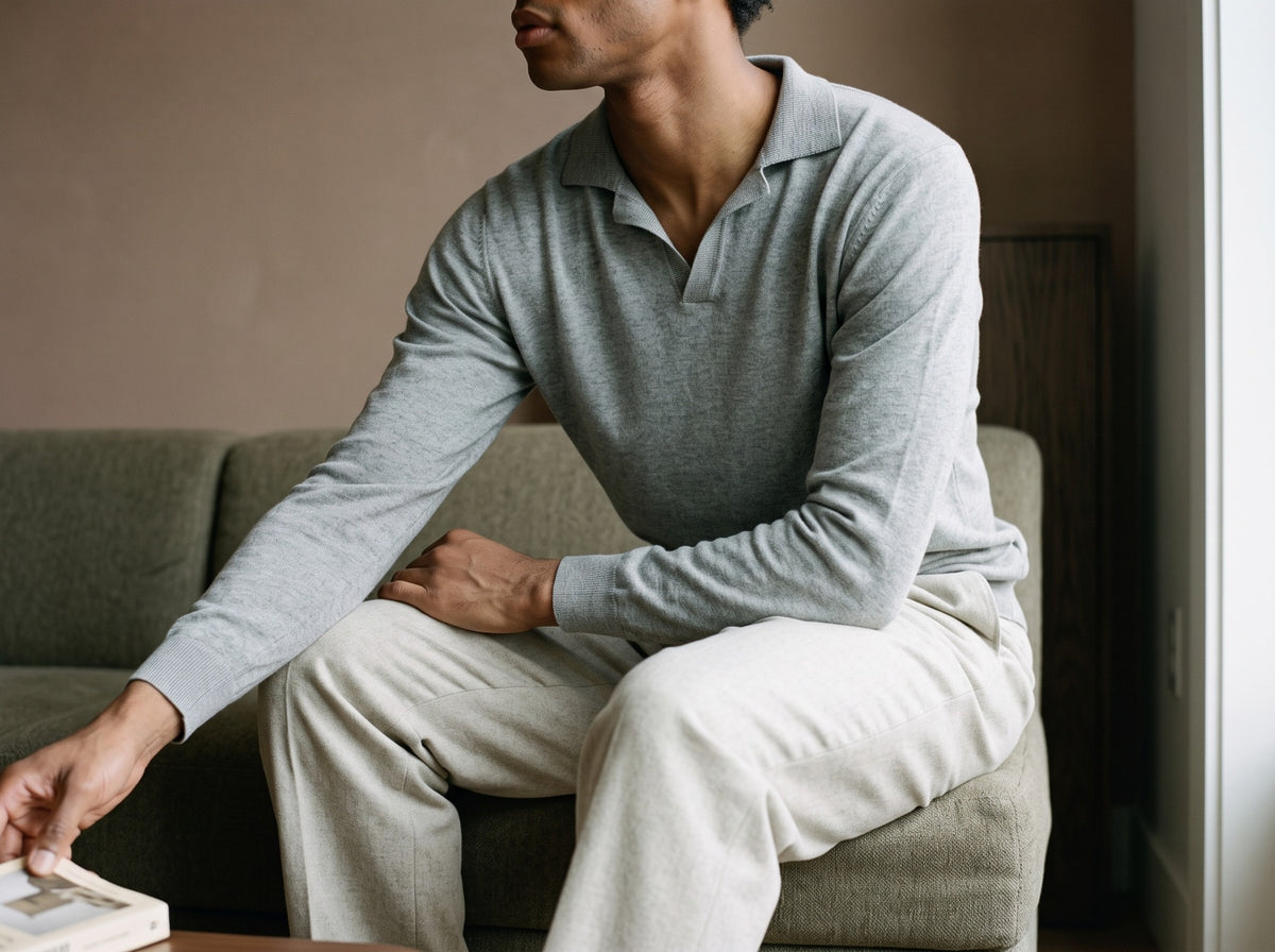 A man in a light grey long-sleeved knit polo and ivory trousers seated on a sofa