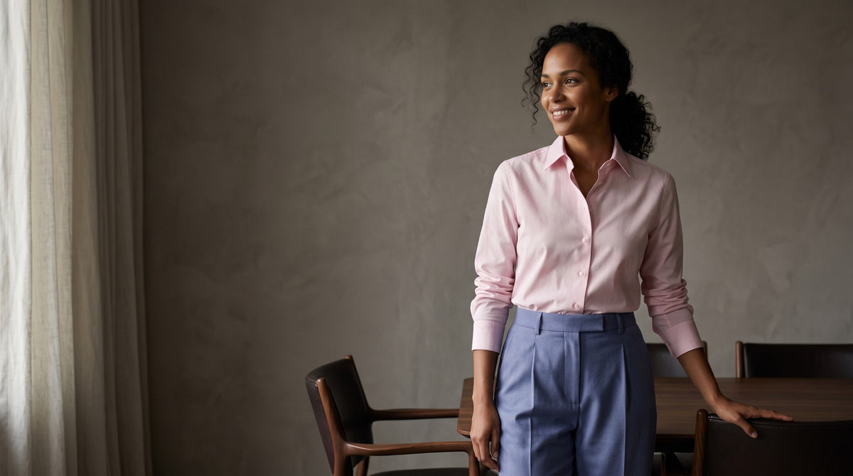 A woman wearing a pale pink cotton shirt with pleated periwinkle trousers