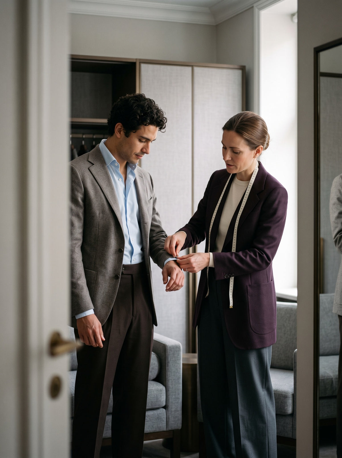 A consultant checking the sleeve of a client’s tailored jacket