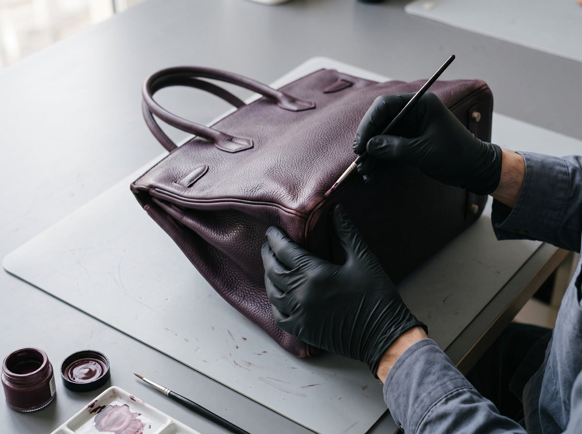 Gloved hands applying colour to a burgundy leather handbag on a repair bench