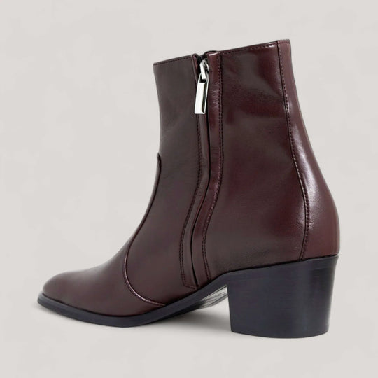 Side view of STEFFY Brown Capretto Vegan Ankle Boot with 45mm block heel by AERA, handcrafted in Italy with sustainable materials.