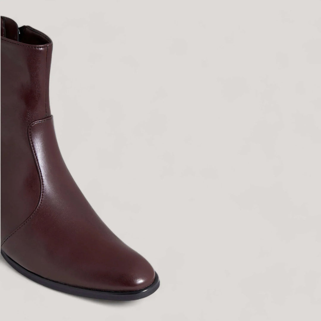 STEFFY Brown Capretto vegan ankle boots with low block heel, sustainable shoes by AERA, stylish and eco-friendly like Stella McCartney products