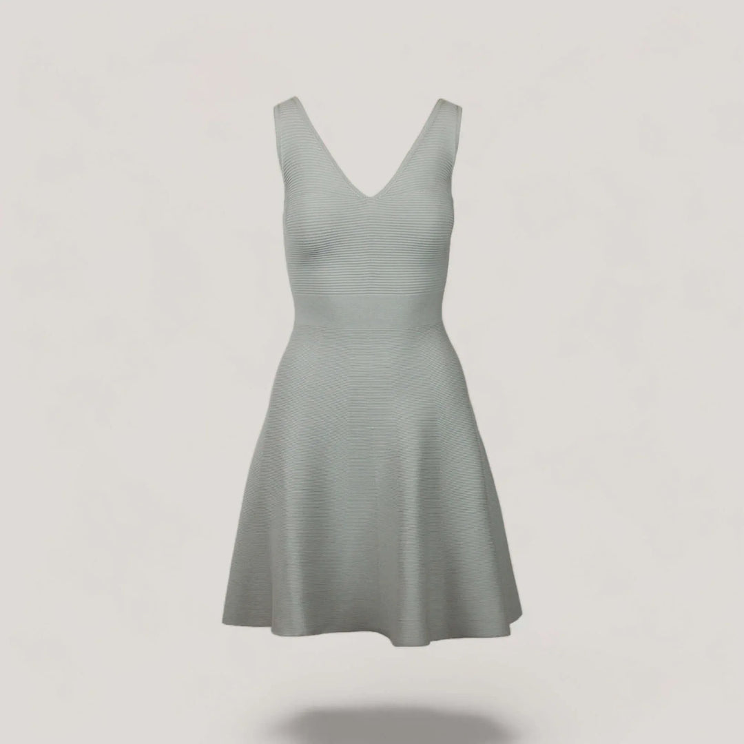 ALISA | Sleeveless V-Neck Flared Knit Dress | COLOR: CEMENT |3D Knitted by ALLTRUEIST