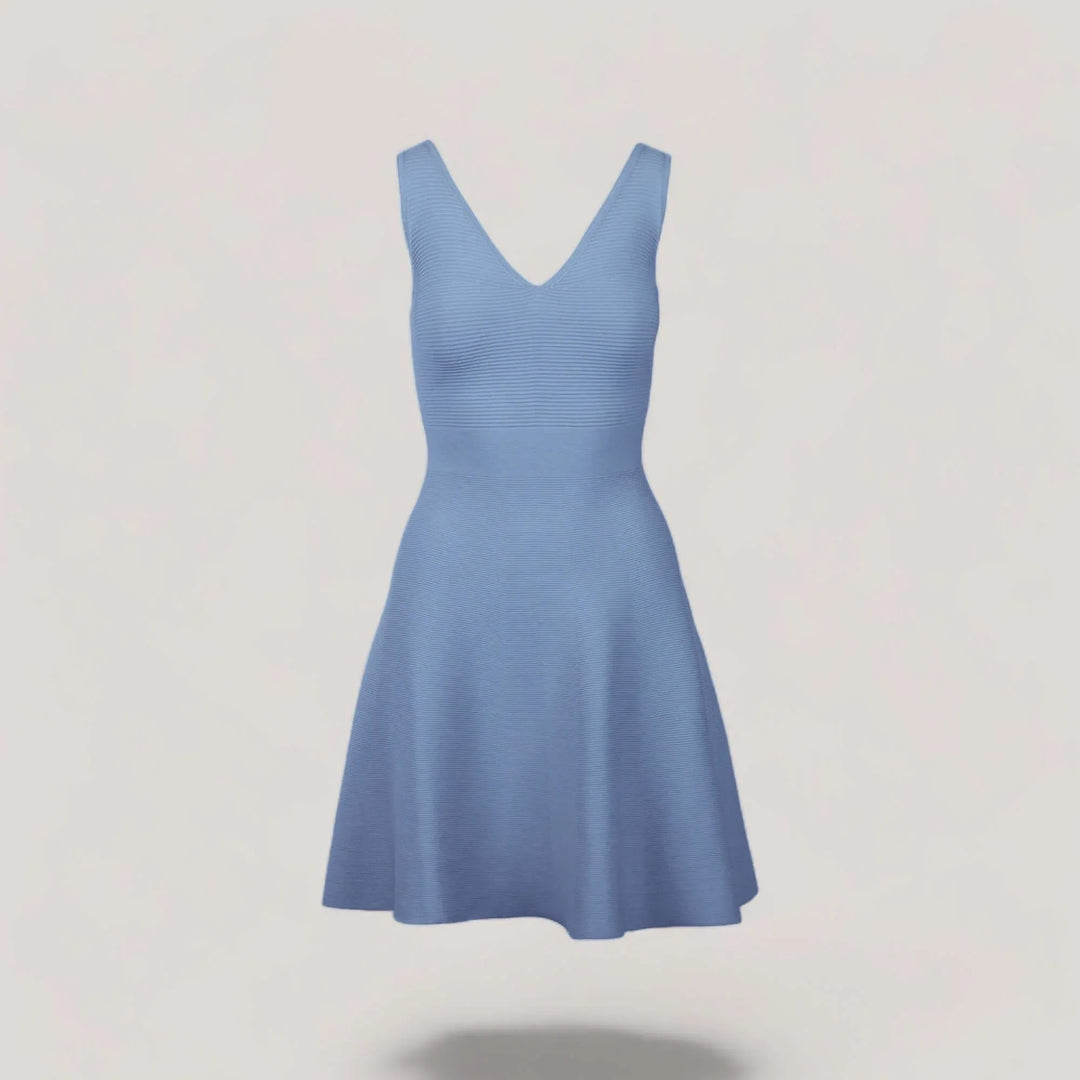 ALISA | Sleeveless V-Neck Flared Knit Dress | COLOR: LIGHT BLUE |3D Knitted by ALLTRUEIST
