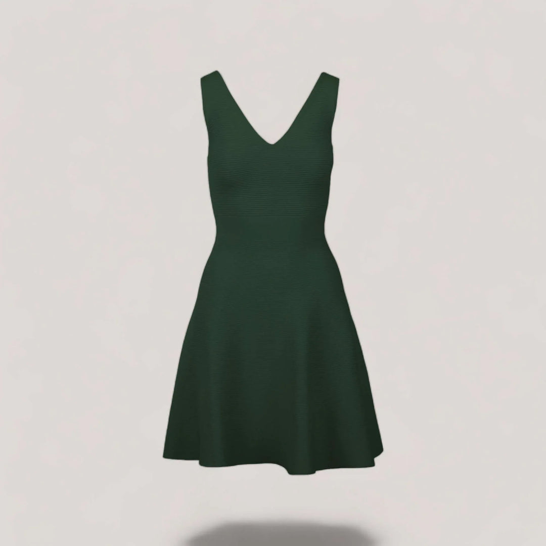 ALISA | Sleeveless V-Neck Flared Knit Dress | COLOR: LODEN |3D Knitted by ALLTRUEIST