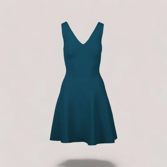 ALISA | Sleeveless V-Neck Flared Knit Dress | COLOR: PEACOCK |3D Knitted by ALLTRUEIST