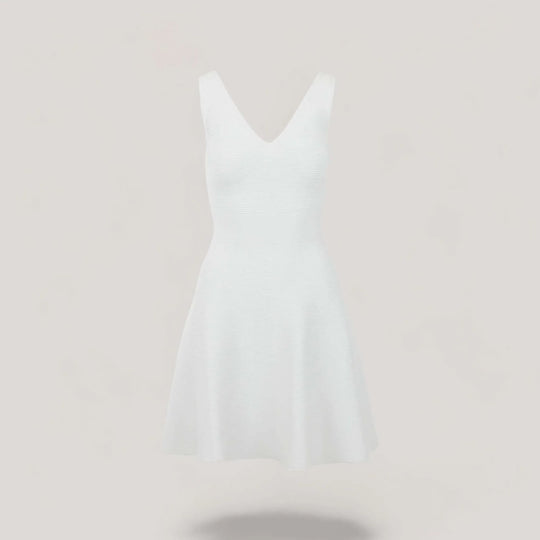 ALISA | Sleeveless V-Neck Flared Knit Dress | COLOR: WHITE |3D Knitted by ALLTRUEIST