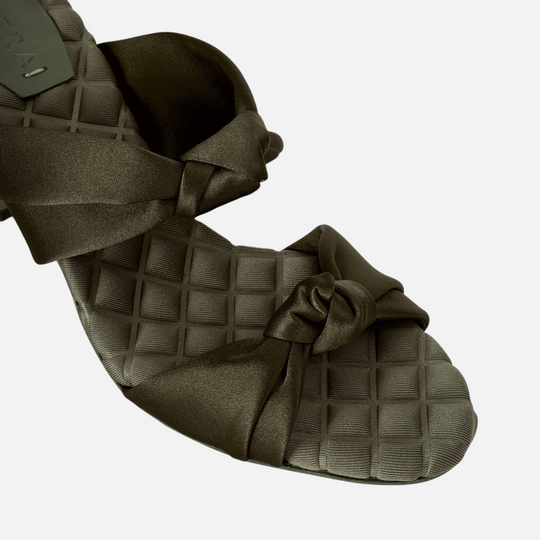 AERA ALESSIA military green satin block heel mule, close-up of the knotted straps and quilted footbed.