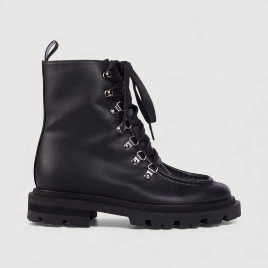 AMALIA | Black - Lace-up Boots made from vegan Nappa leather with silver hardware by AERA NEW YORK LUXURY VEGAN SHOES.