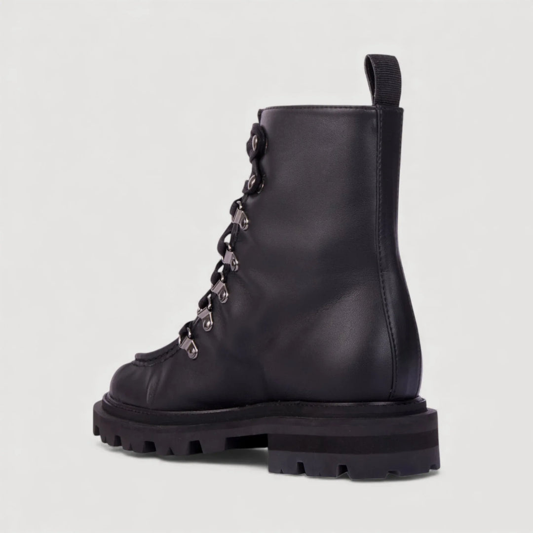 AMALIA | Black - Lace-up Boots by AERA NEW YORK, luxury vegan shoes with tonal lacing and lug sole, side view.