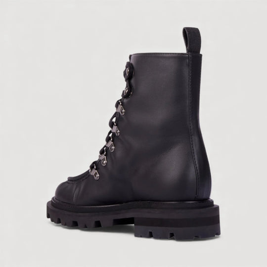 AMALIA | Black - Lace-up Boots by AERA NEW YORK, luxury vegan shoes with tonal lacing and lug sole, side view.