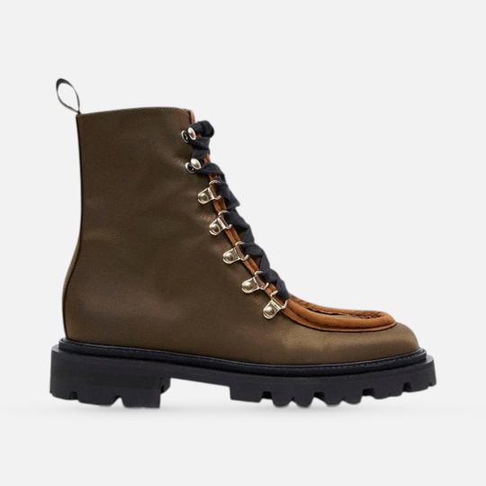 AERA AMALIA dark khaki lace-up ankle boot, side view.
