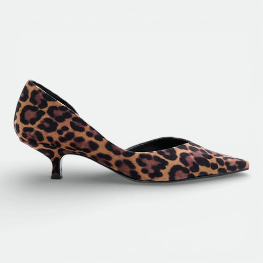 Leopard print pointed-toe kitten heel shoe on white background