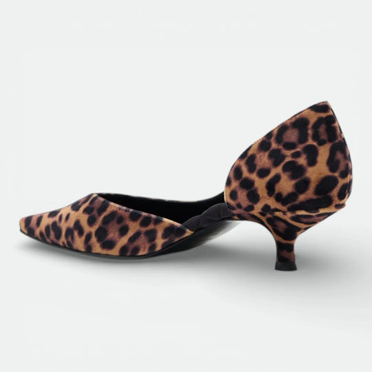 Leopard print kitten heel pump with pointed toe on white background