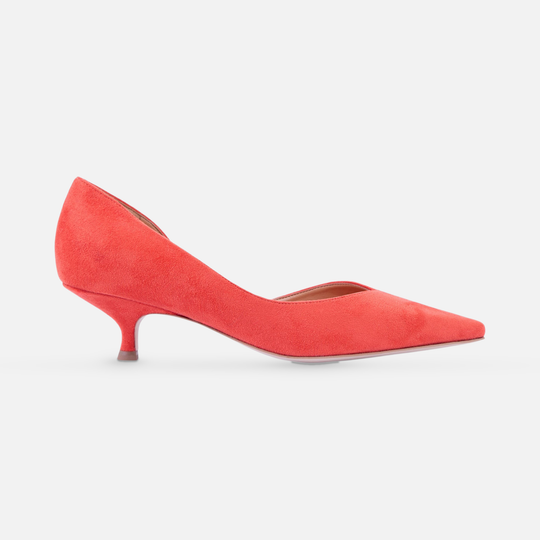 AERA ARIANA orange suede-effect kitten heel pump, side view.