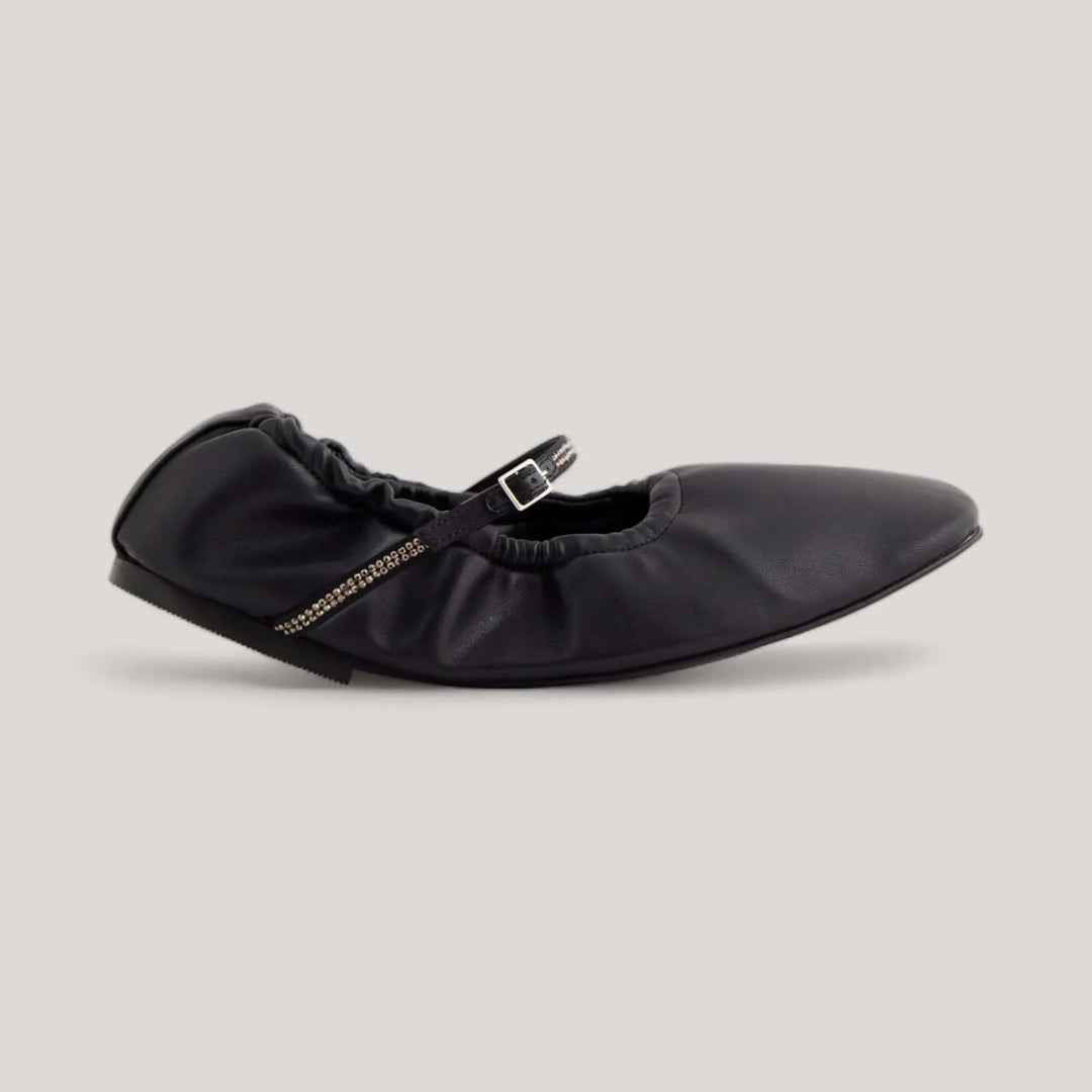 AERA Aurora Black Nappa Crystal Mary Jane Flats featuring vegan and sustainable material with a crystal-embellished strap.