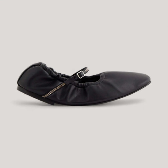 AERA Aurora Black Nappa Crystal Mary Jane Flats featuring vegan and sustainable material with a crystal-embellished strap.