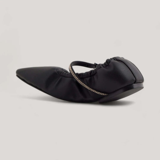 Side view of AERA Aurora Black Nappa Crystal Mary Jane Flats, vegan and sustainable, handcrafted in Italy with a crystal-embellished strap.