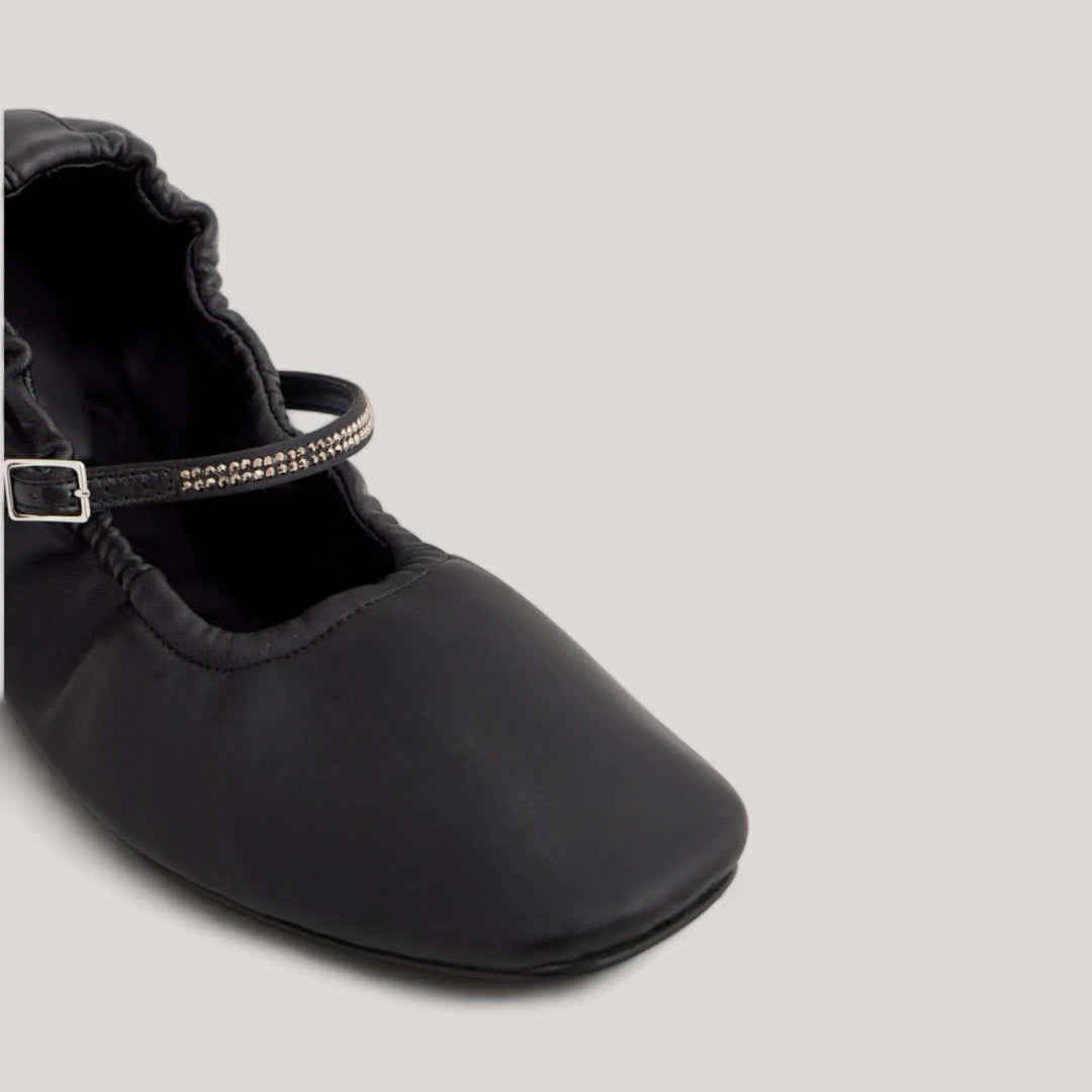 Black Nappa Crystal Mary Jane Flats with crystal-embellished strap and cushioned insole by AERA. Vegan and sustainable ballerina shoes.