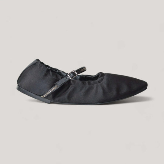 AURORA Black Satin Crystal Mary Jane Flats by AERA with glimmering crystals, vegan and sustainable shoes inspired by Stella McCartney.