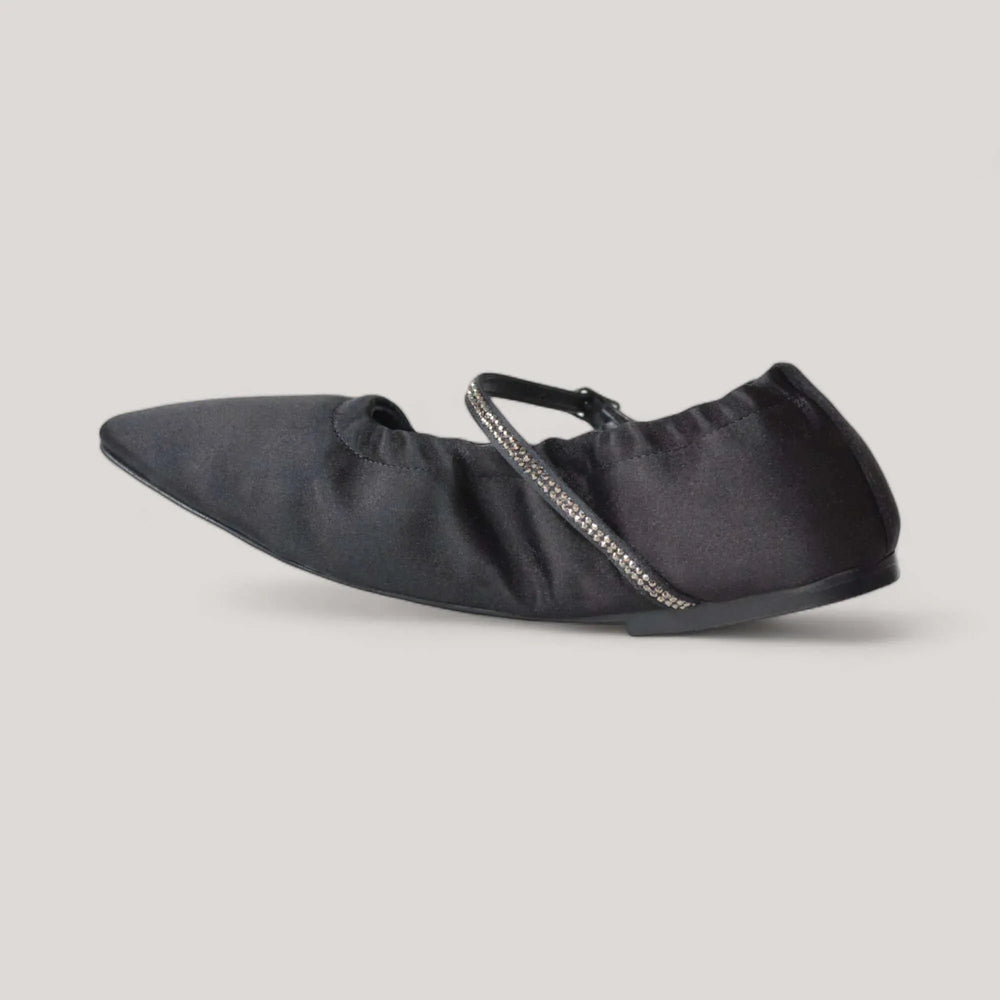 AURORA black satin crystal Mary Jane flats with glimmering crystals, vegan and sustainable, designed by AERA, inspired by Stella McCartney