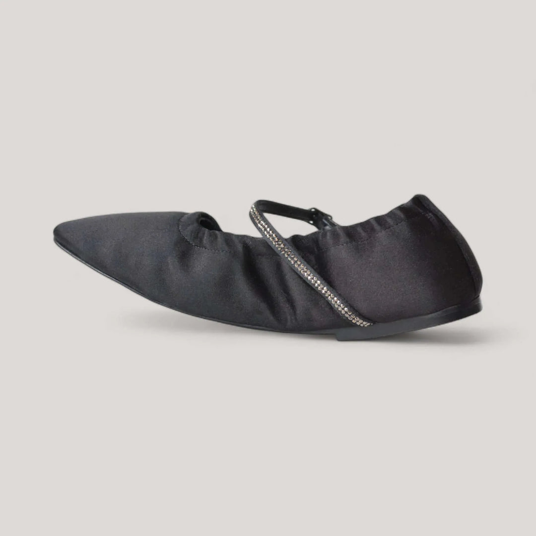 AURORA black satin crystal Mary Jane flats with glimmering crystals, vegan and sustainable, designed by AERA, inspired by Stella McCartney