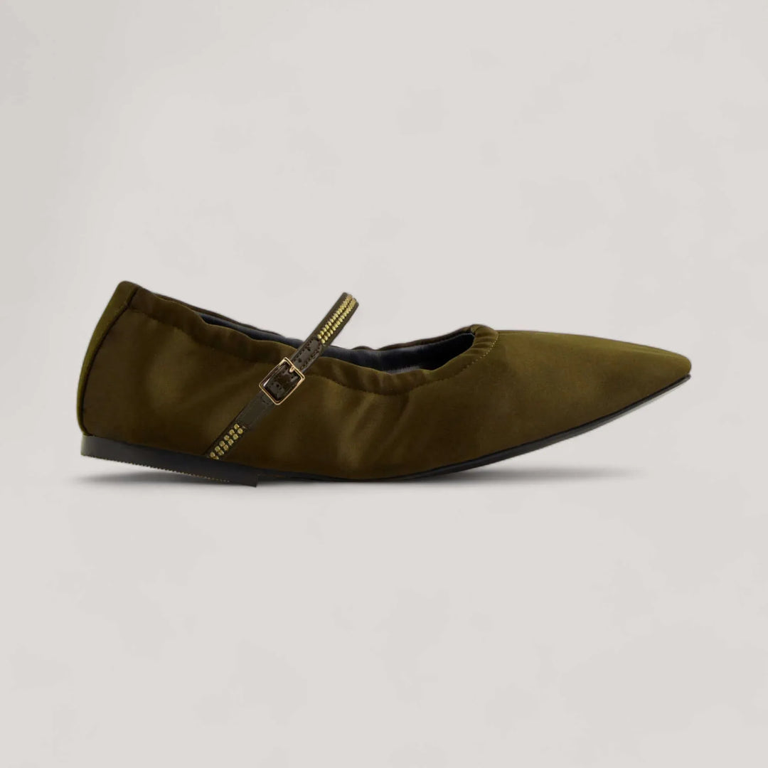 Vegan military satin crystal-embellished Mary Jane flats by AERA with adjustable buckle-fastening strap and elastic heel support.