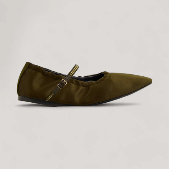 Vegan military satin crystal-embellished Mary Jane flats by AERA with adjustable buckle-fastening strap and elastic heel support.