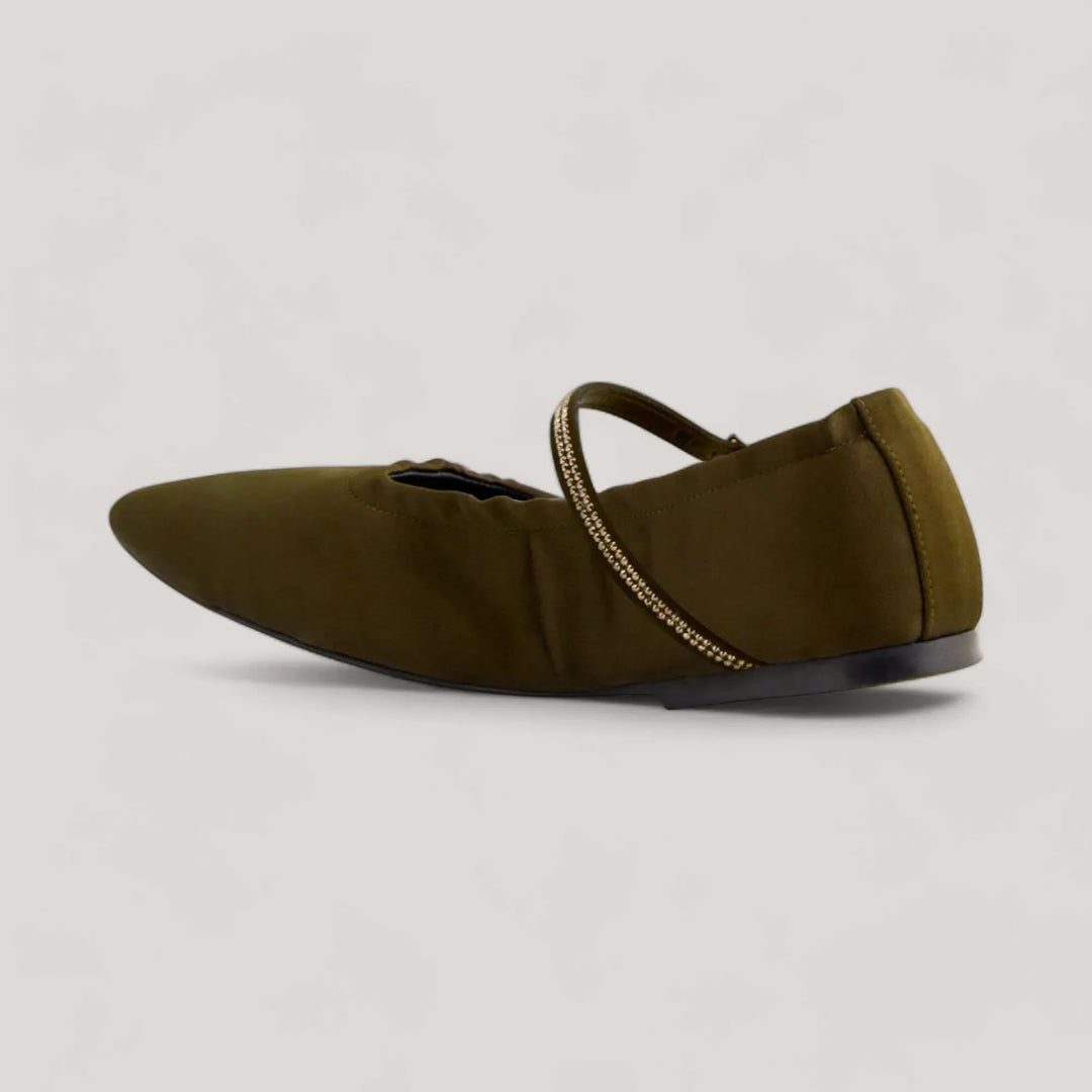 Vegan sustainable satin Mary Jane flats with crystal-embellished strap, square-toe design, and elastic heel support in military green.