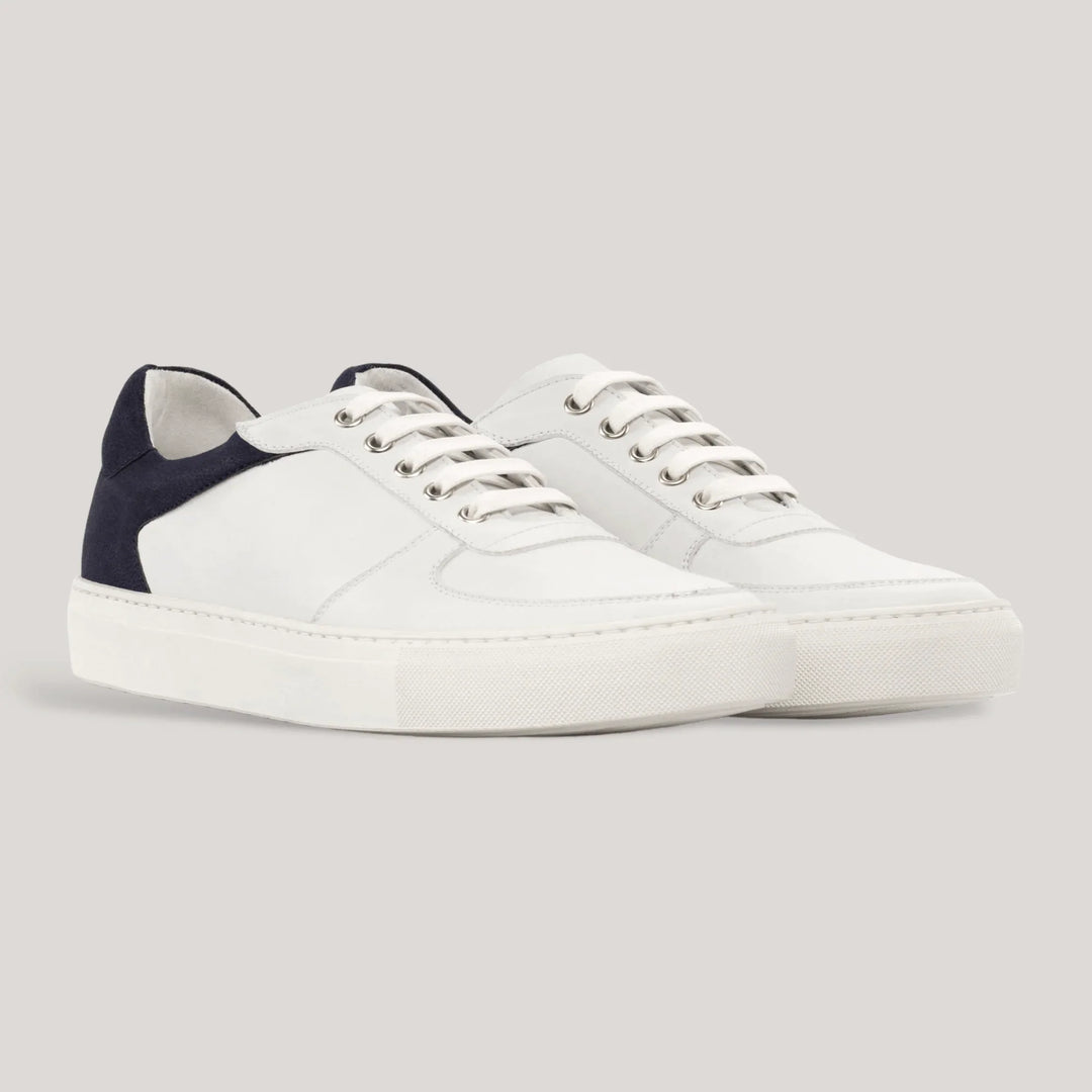AVENIR | Low Top Trainer - Navy Vegan Suede Heel &amp; White | Men&
