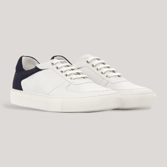 AVENIR | Low Top Trainer - Navy Vegan Suede Heel &amp; White | Men&