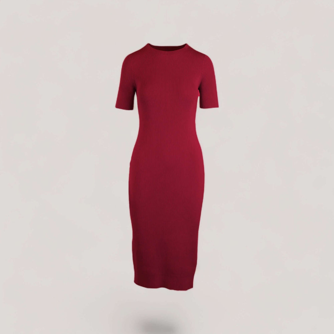 CELESTE | Short Sleeve Crew-Neck Rib Dress | COLOR: CRIMSON |3D Knitted by ALLTRUEIST