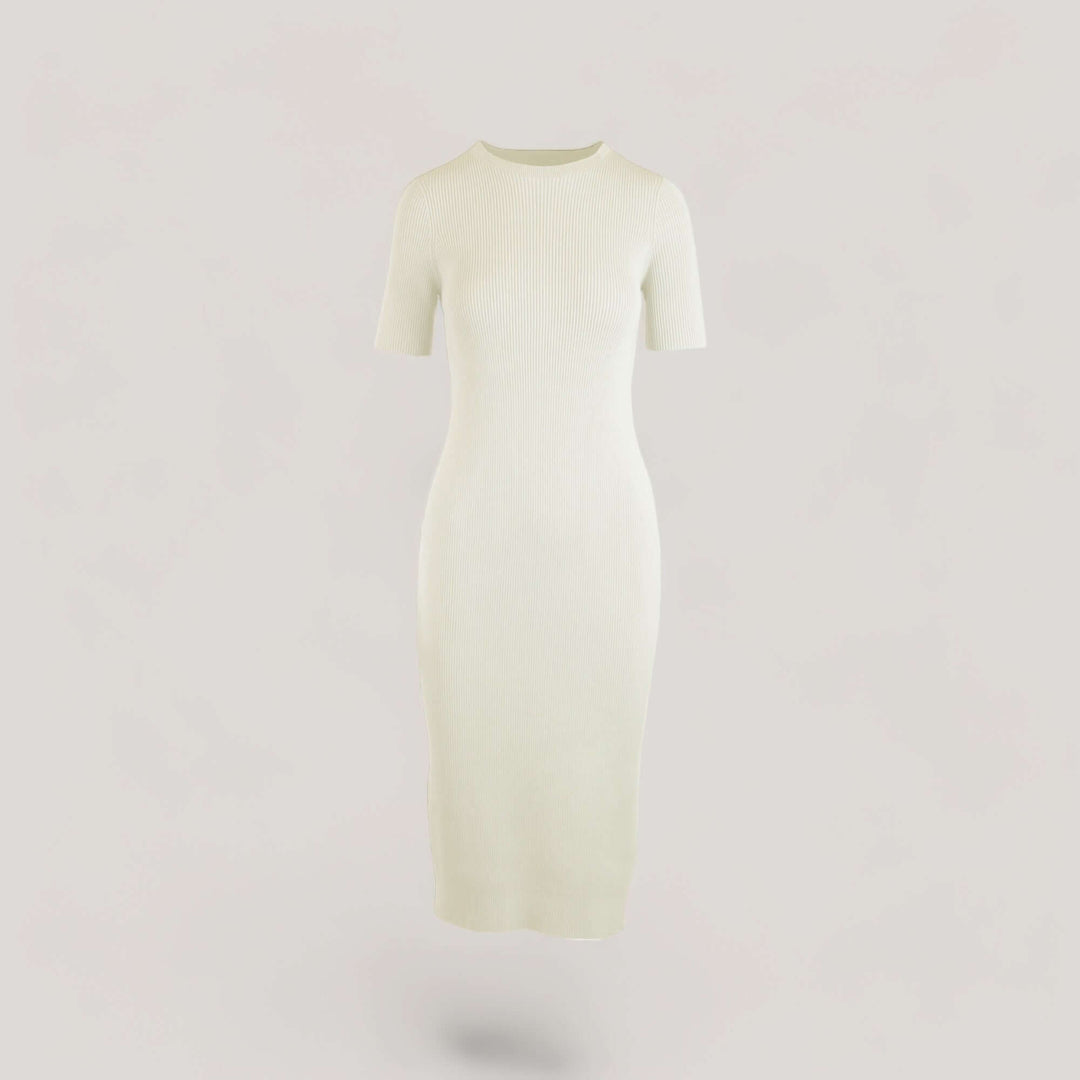 CELESTE | Short Sleeve Crew-Neck Rib Dress | COLOR: IVORY |3D Knitted by ALLTRUEIST