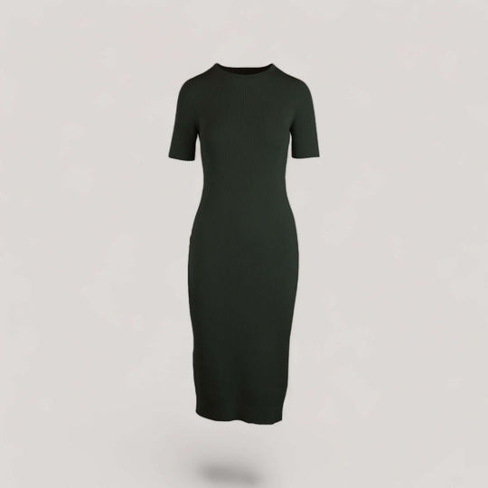 CELESTE | Short Sleeve Crew-Neck Rib Dress | COLOR: LODEN |3D Knitted by ALLTRUEIST