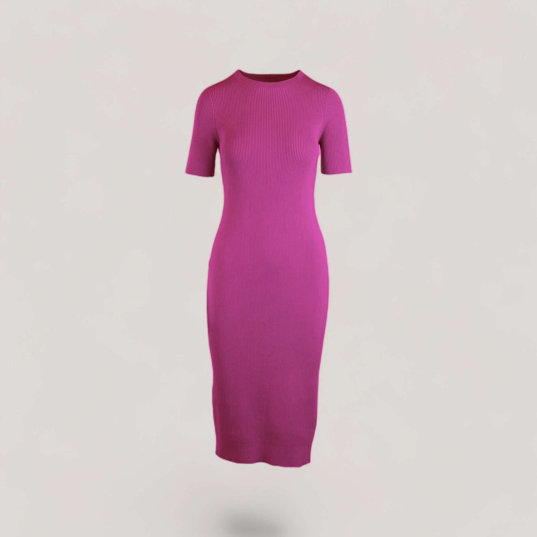 CELESTE | Short Sleeve Crew-Neck Rib Dress | COLOR: MAGENTA |3D Knitted by ALLTRUEIST