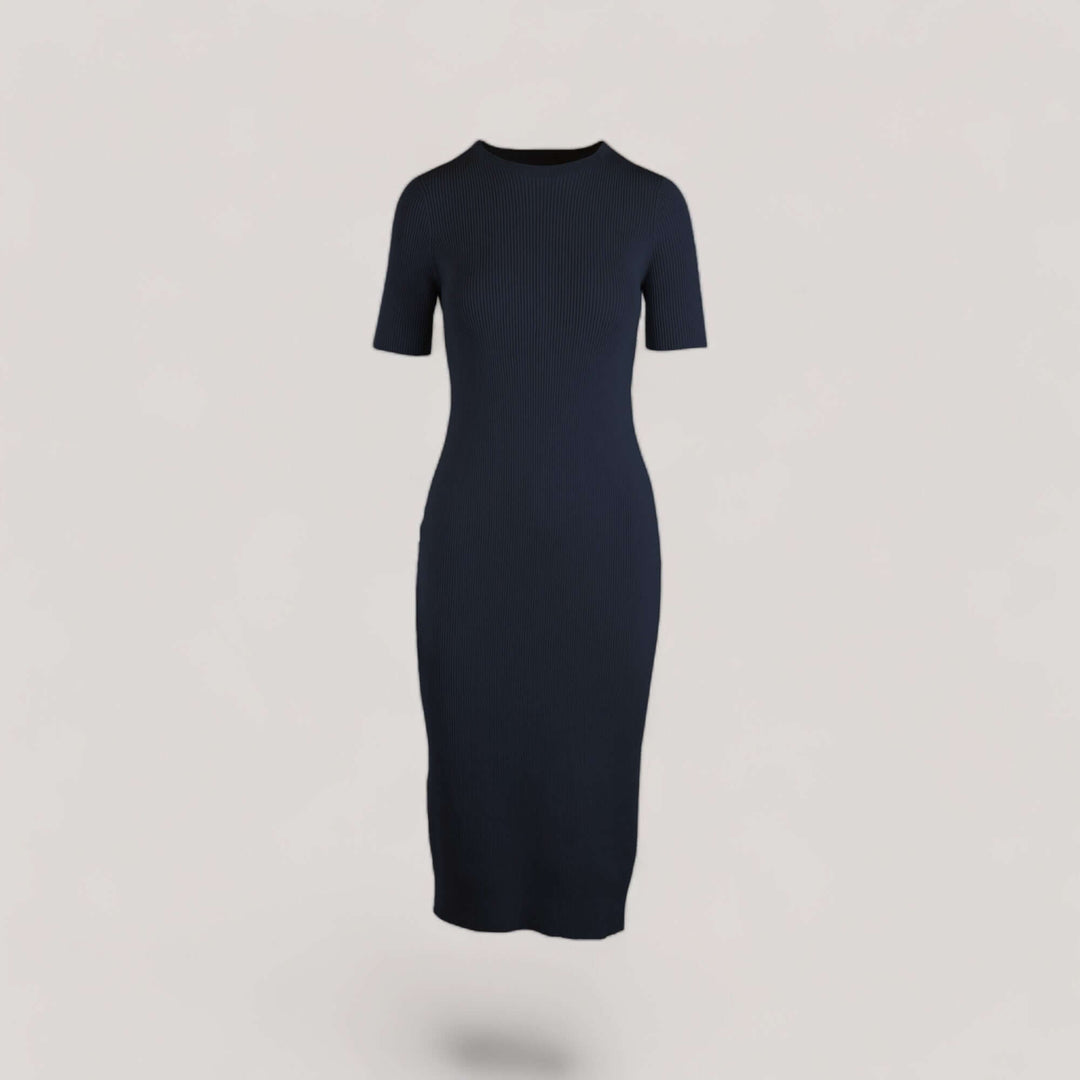 CELESTE | Short Sleeve Crew-Neck Rib Dress | COLOR: NAVY |3D Knitted by ALLTRUEIST