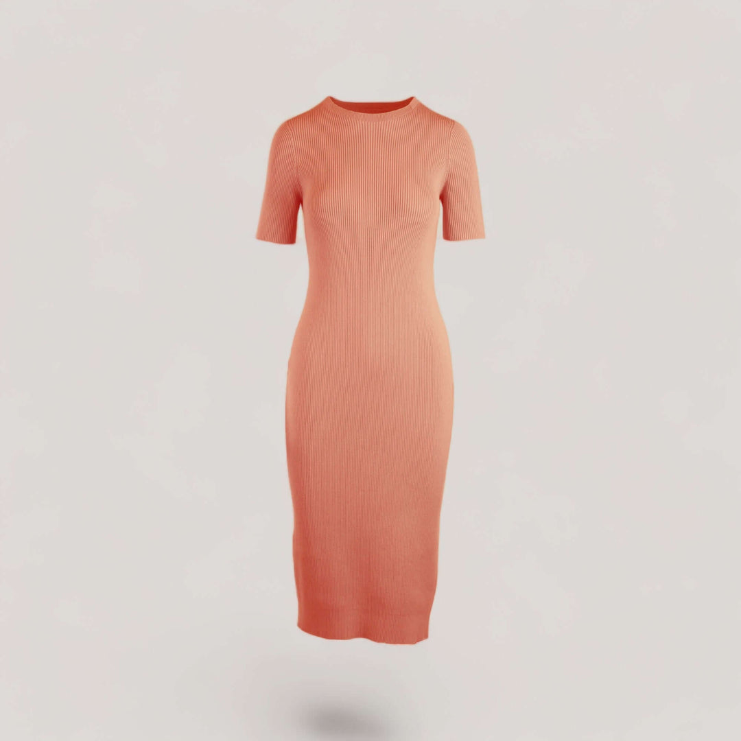 CELESTE | Short Sleeve Crew-Neck Rib Dress | COLOR: PEACH |3D Knitted by ALLTRUEIST