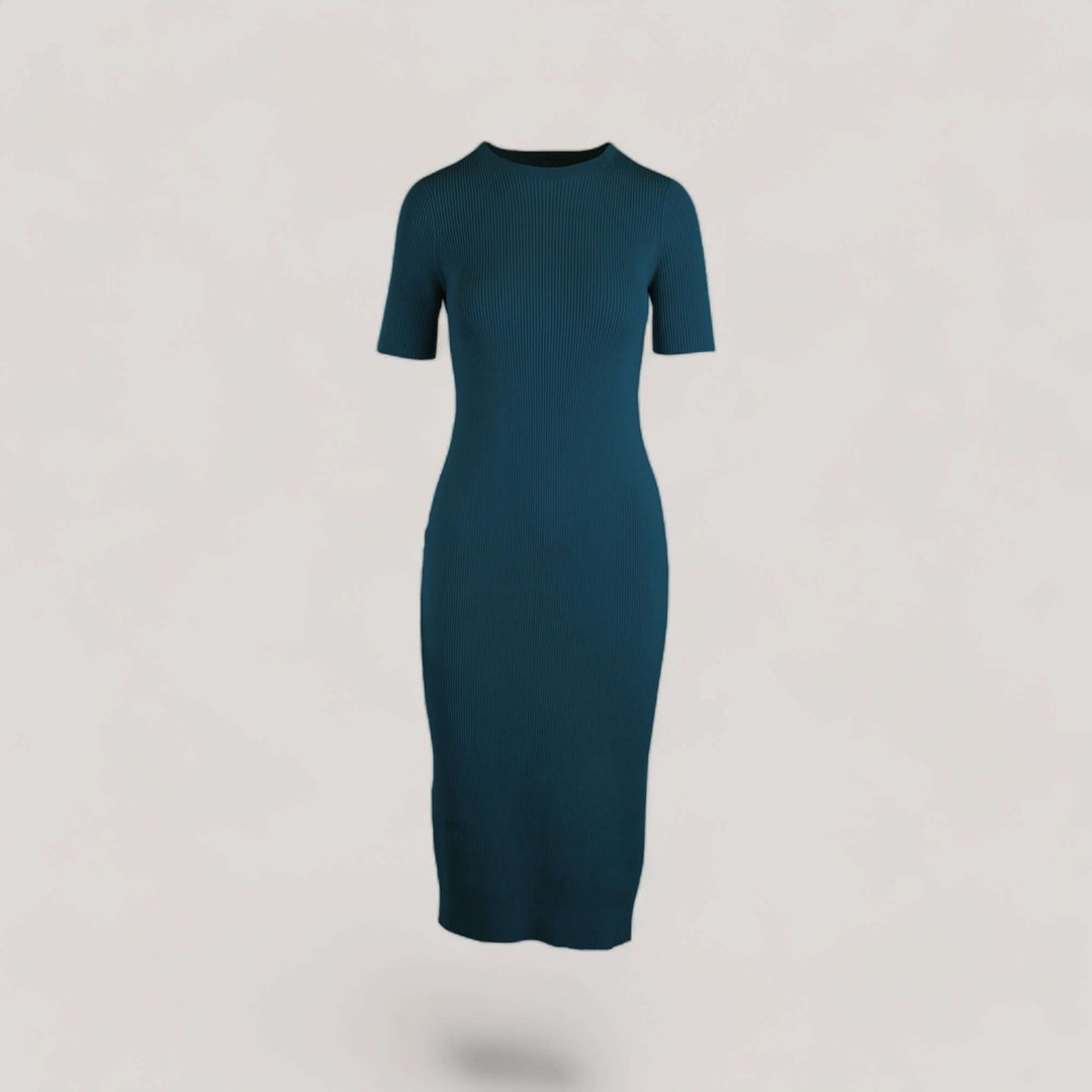 CELESTE | Short Sleeve Crew-Neck Rib Dress | COLOR: PEACOCK |3D Knitted by ALLTRUEIST