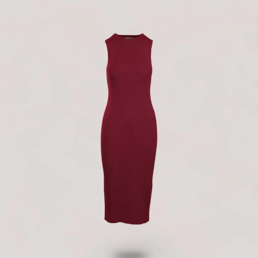 CELINE | Sleeveless Crew-Neck Rib Long Dress | COLOR: CRIMSON |3D Knitted by ALLTRUEIST