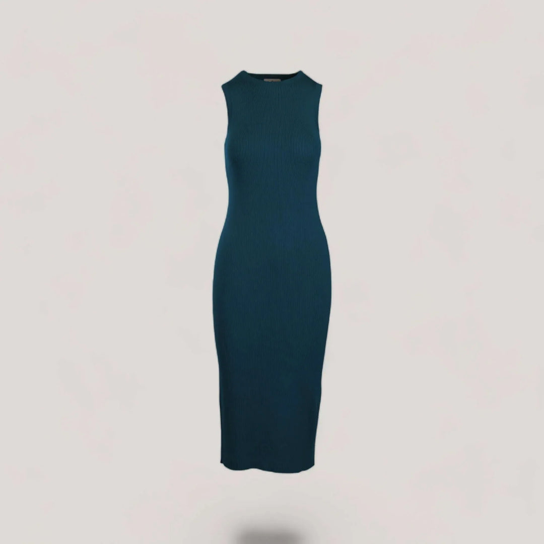 CELINE | Sleeveless Crew-Neck Rib Long Dress | COLOR: PEACOCK |3D Knitted by ALLTRUEIST