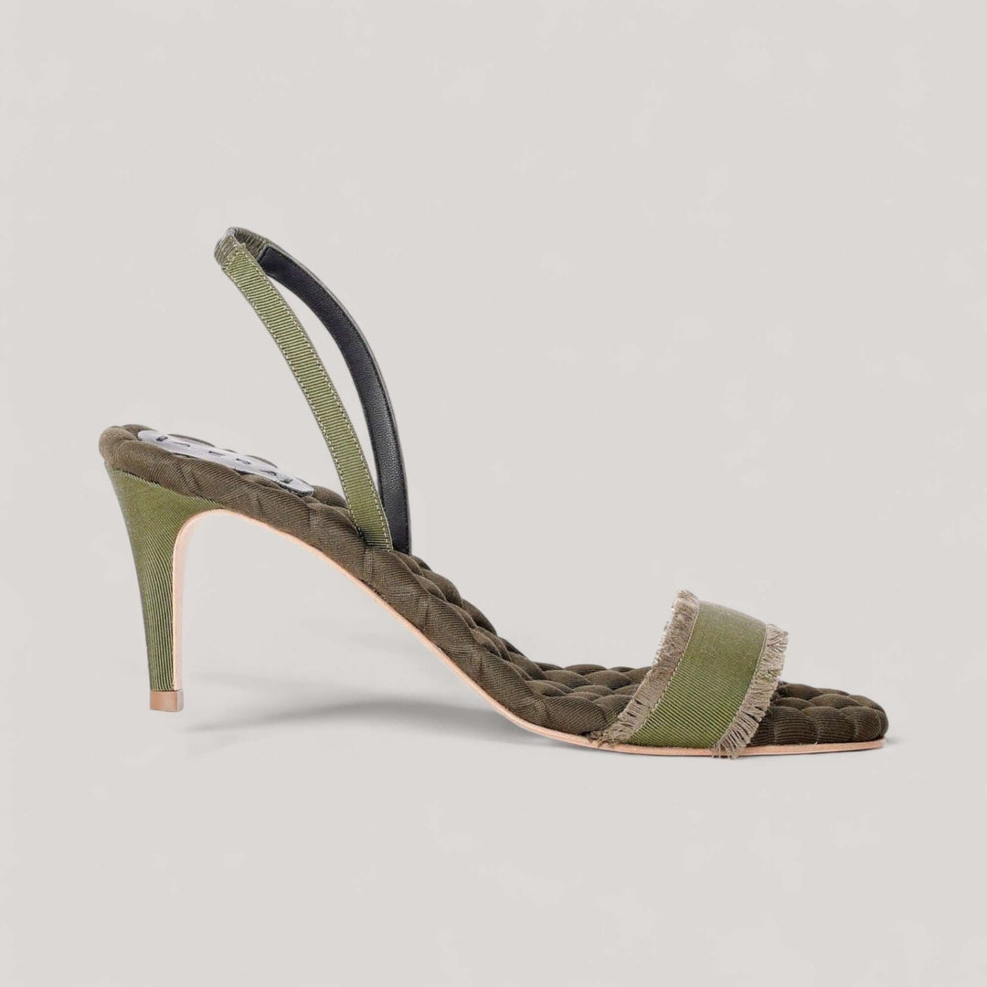 CLAUDIA | Military Green Grosgrain - Slingback Sandals by AERA NEW YORK. Luxury vegan shoes made in Italy with cushioned insole.