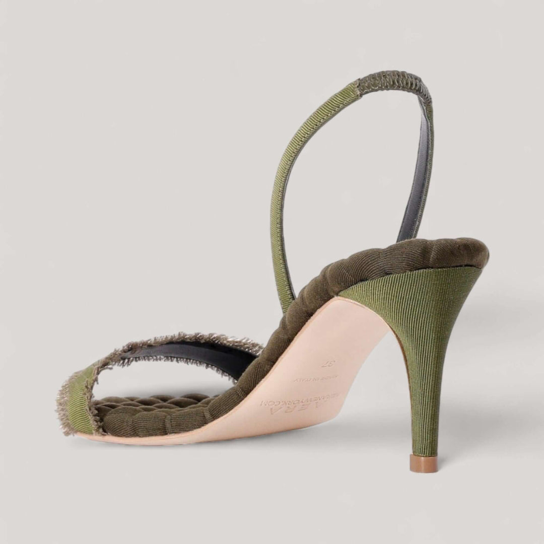CLAUDIA | Military Green Grosgrain - Slingback Sandals by AERA NEW YORK, luxury vegan shoes with cushioned insole, viewed from back angle.