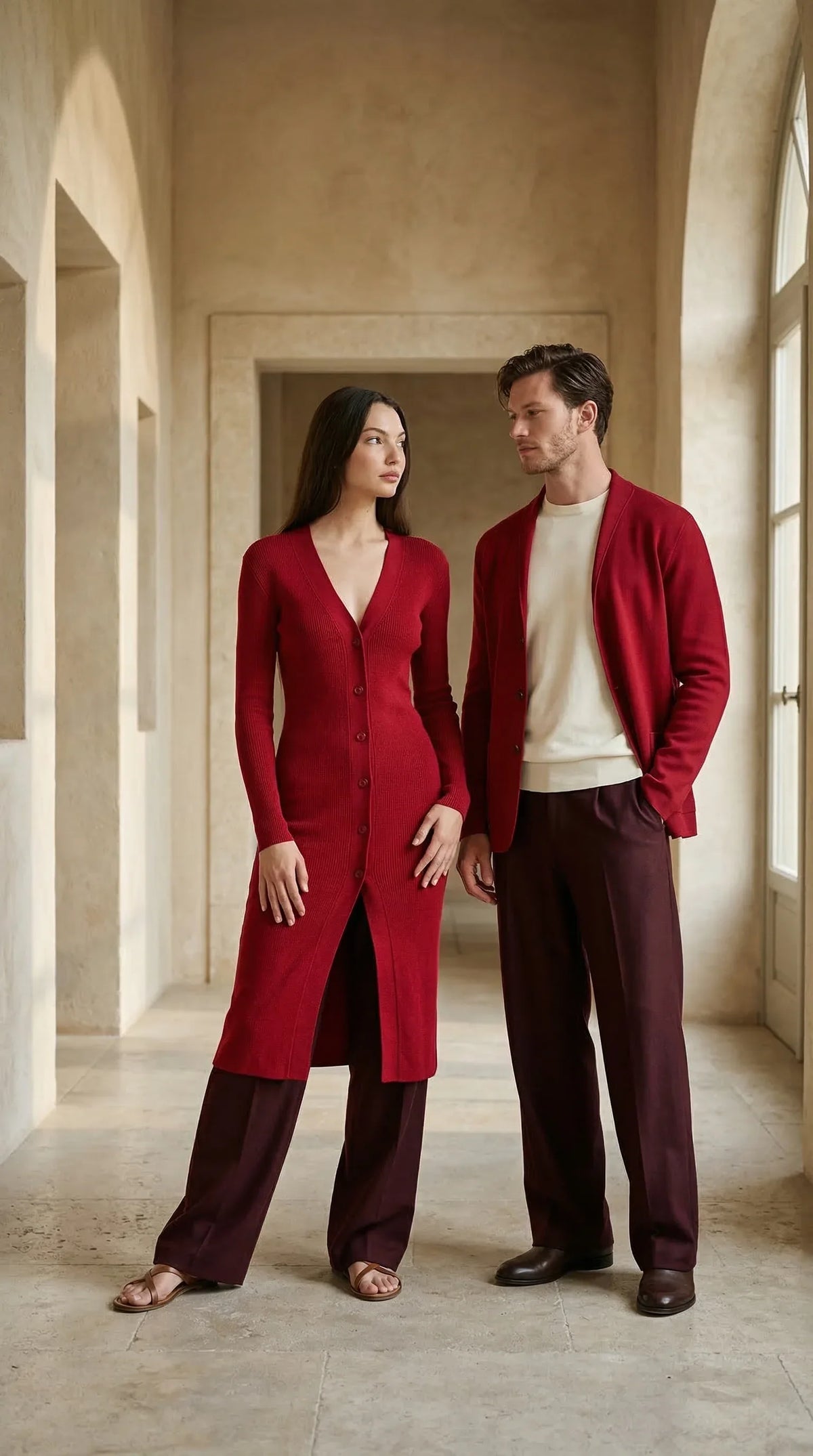 Man and woman in red knitwear and tailored trousers posing in a luxury corridor setting