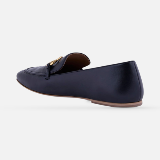 AERA ELLA black nappa-effect loafer, rear three-quarter view showing the heel and sole.
