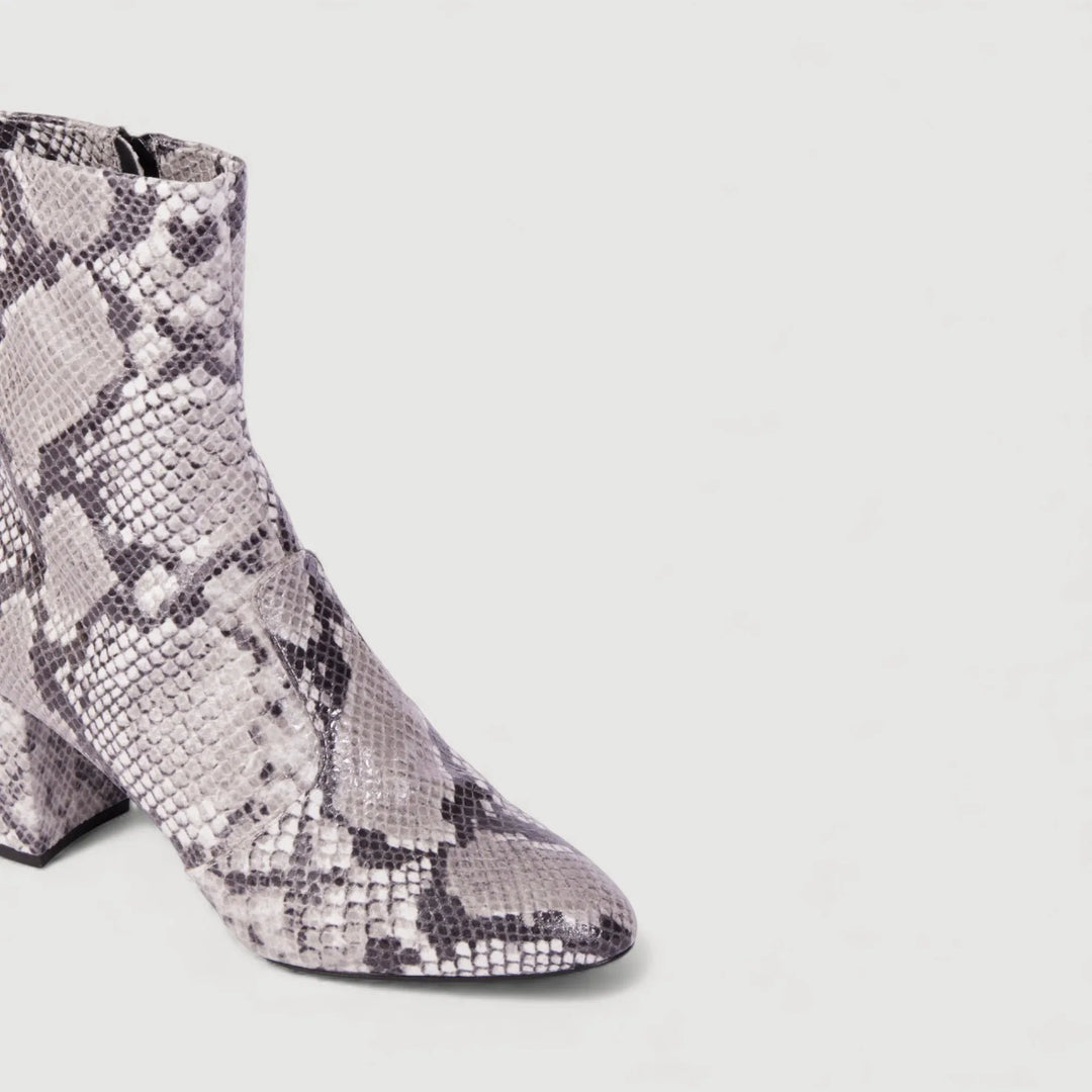 GABY | Beige Faux-Snake Print - Mid-Calf Boots by AERA NEW YORK, luxury vegan shoes with python-effect and block heel design.