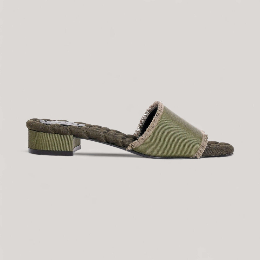 GIORGIA | Military Grosgrain - Sandals by AERA NEW YORK, luxury vegan shoes with grosgrain fringe and cushioned insole for comfort.