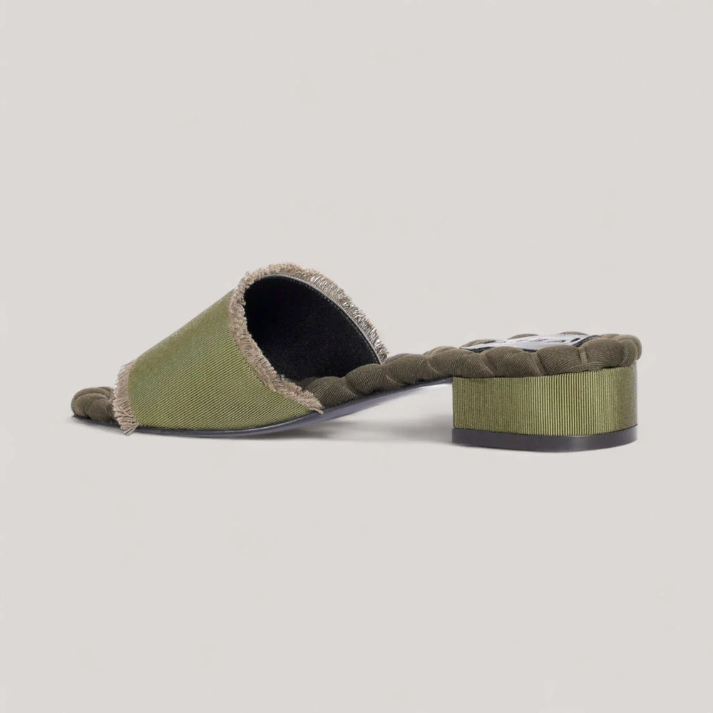 GIORGIA | Military Grosgrain - Sandals by AERA NEW YORK, luxury vegan shoes with green grosgrain fringe and comfortable square heel.