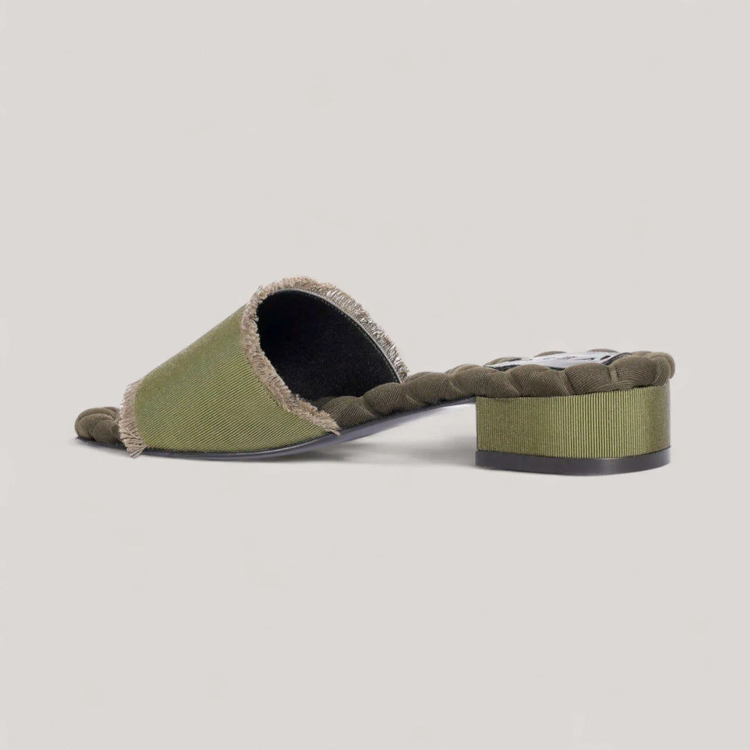 GIORGIA | Military Grosgrain - Sandals by AERA NEW YORK, luxury vegan shoes with green grosgrain fringe and comfortable square heel.