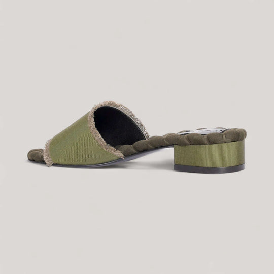 GIORGIA | Military Grosgrain - Sandals by AERA NEW YORK, luxury vegan shoes with green grosgrain fringe and comfortable square heel.