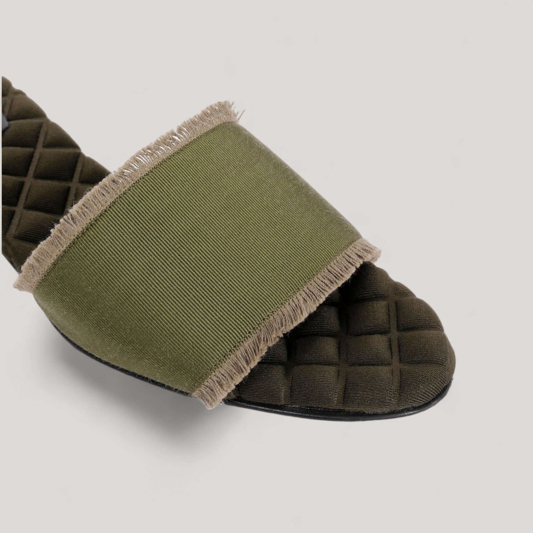 GIORGIA | Military Grosgrain - Sandals by AERA, luxury vegan shoes in military green with grosgrain fringe, featuring cushioned insole.
